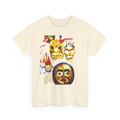 Mask Print Tee — Tribal Mask Artwork T‑Shirt with Arrow Backprint