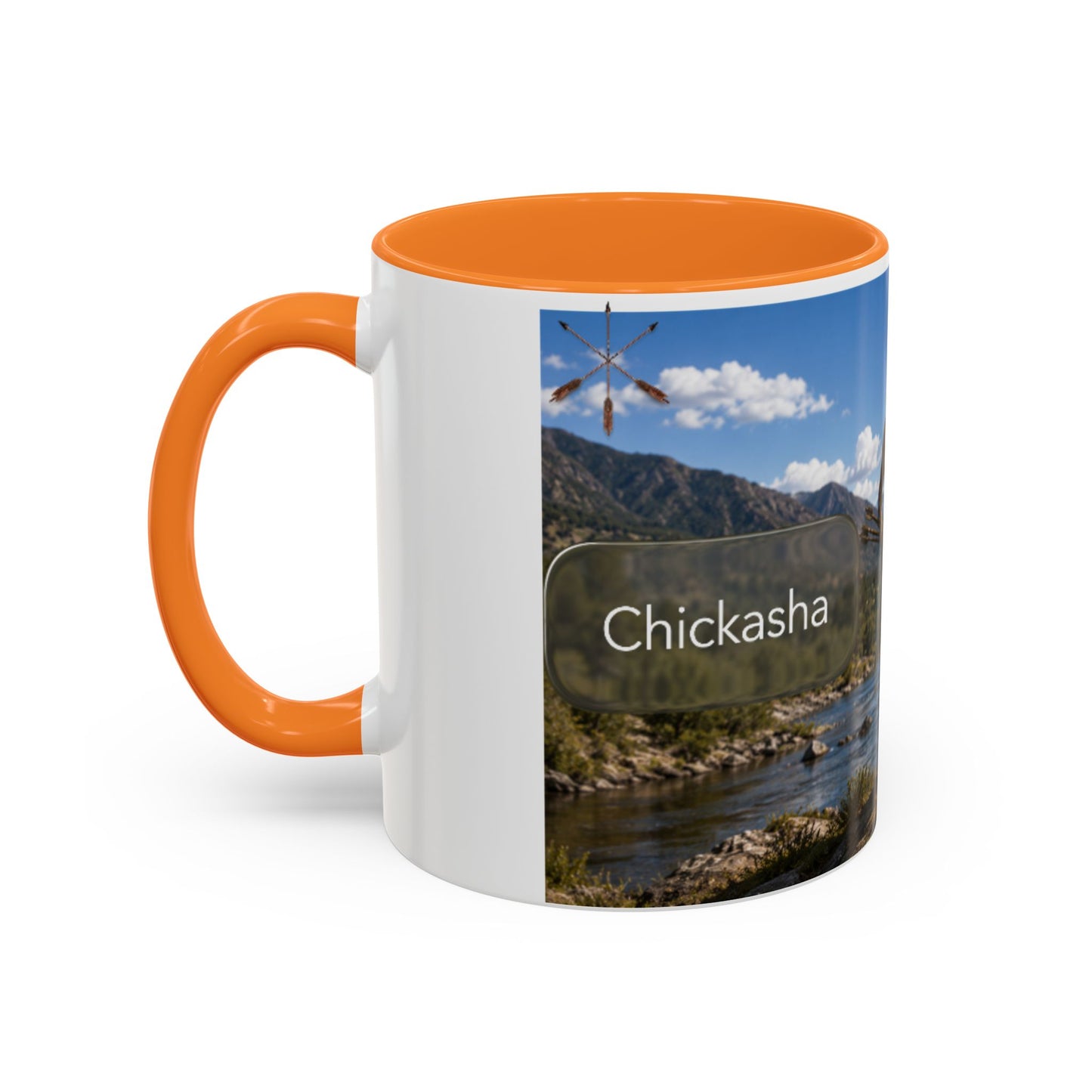 Chickasaw Warrior Statue Scenic Mug — Mythic Landscape Coffee Cup (11oz/15oz)