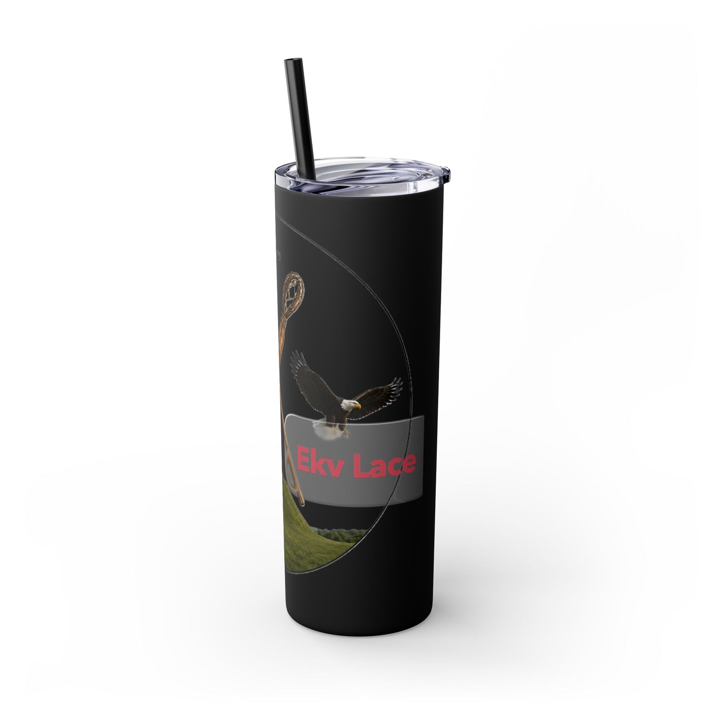 Kialegee 20oz Skinny Tumbler — Faith & Outdoor Lacrosse Design with Cross, Sticks, Campfire