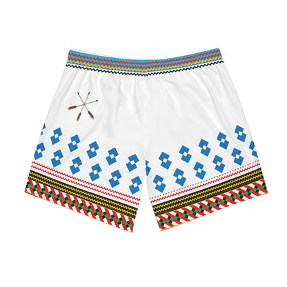 Seminole Tribal Paddle Pattern Men's Beach Shorts — White Geometric AOP Swim Trunks