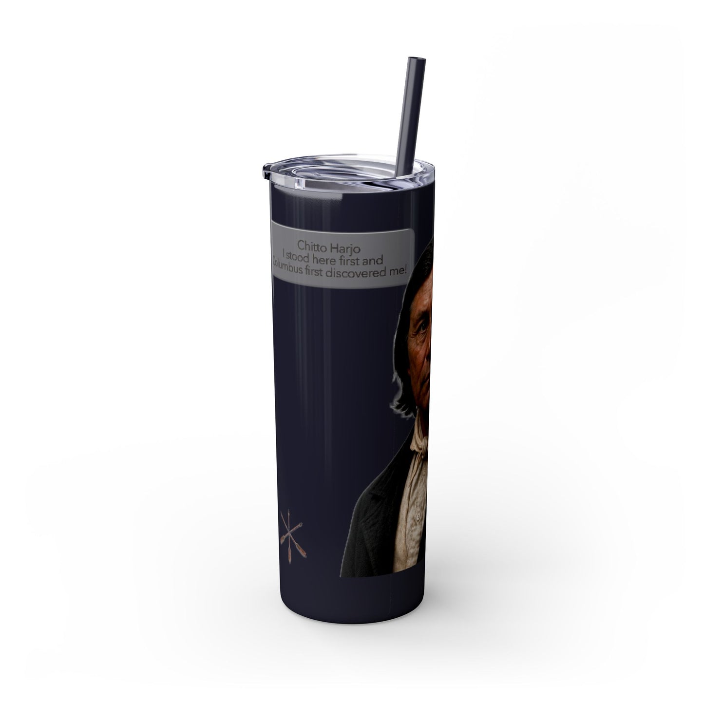 Chitto Harjo 20oz Skinny Tumbler with Classic Native American Portrait — Travel Straw Cup