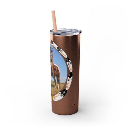 Kiowa Native Warrior on Horse 20oz Skinny Tumbler — Indigenous Heritage Travel Cup with Straw