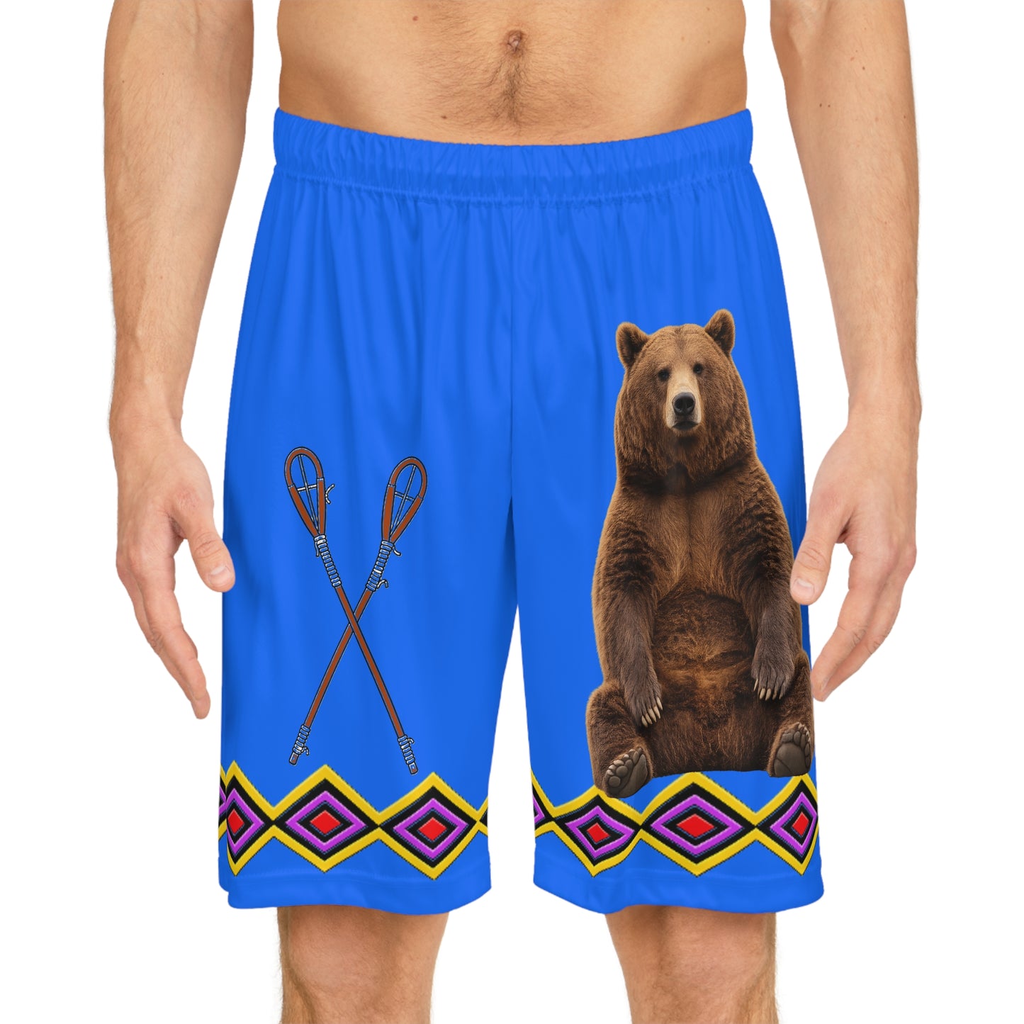 Bear BlueTribal Basketball Shorts — Red AOP Athletic Shorts with Bear & Arrow Motif