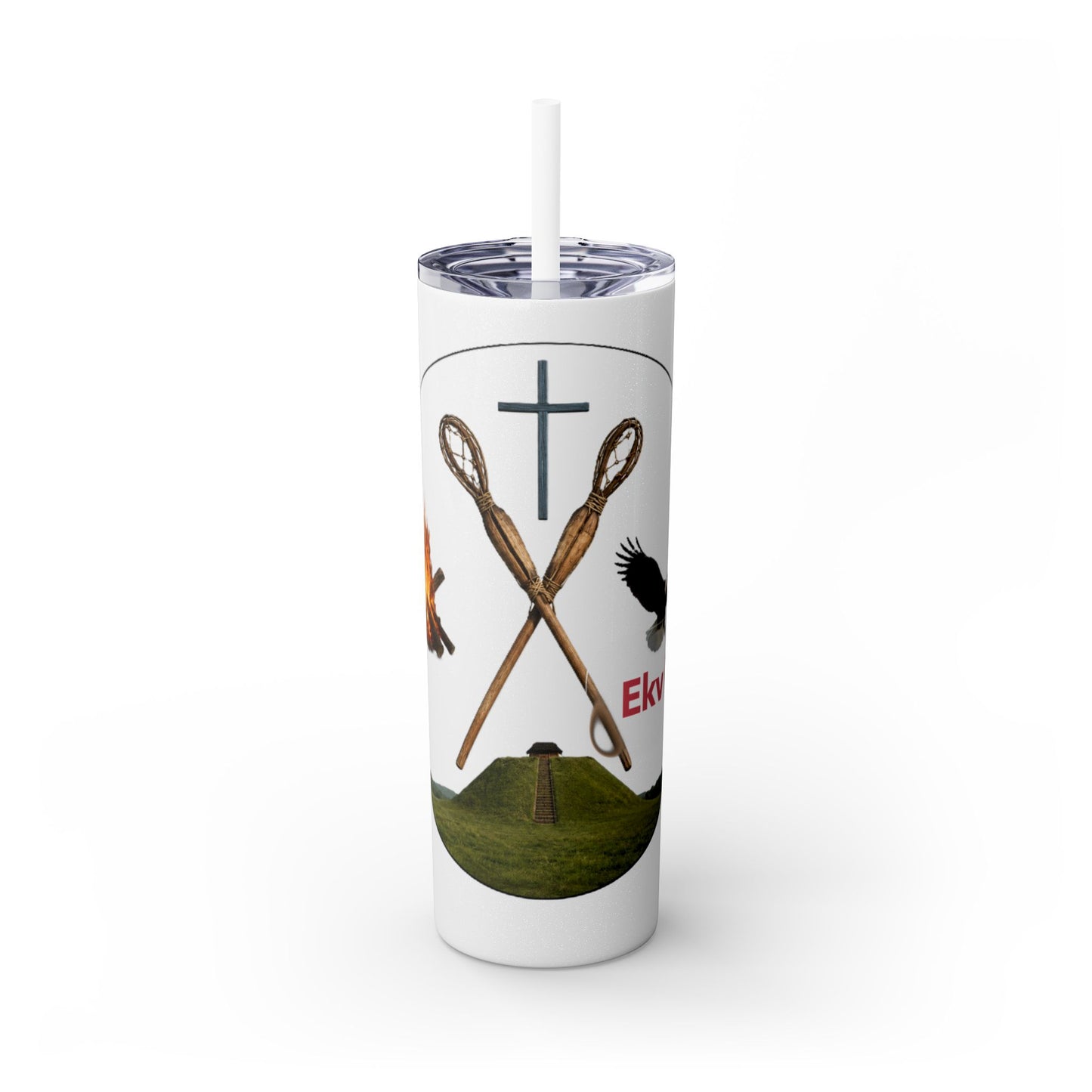 Kialegee 20oz Skinny Tumbler — Faith & Outdoor Lacrosse Design with Cross, Sticks, Campfire
