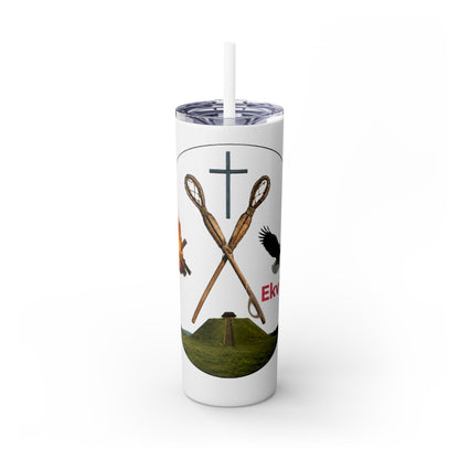 Kialegee 20oz Skinny Tumbler — Faith & Outdoor Lacrosse Design with Cross, Sticks, Campfire