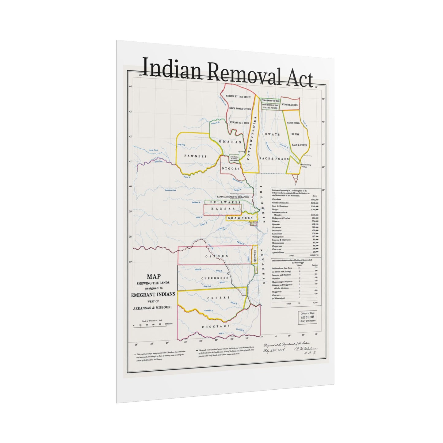 Indian Removal Act Historical Map Poster — Rolled Vintage Map Wall Art