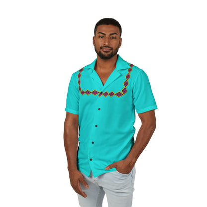 Men's Turquoise Hawaiian Camp Shirt with Geometric Embroidery Pattern